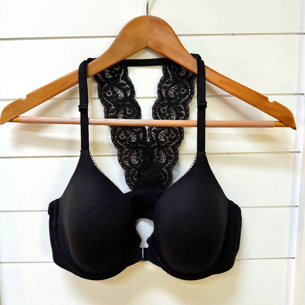Victoria's Secret Black Lace Front Close Racer Back Bra 34 D
